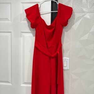 Off the shoulder, wide leg ankle length red jumpsuit